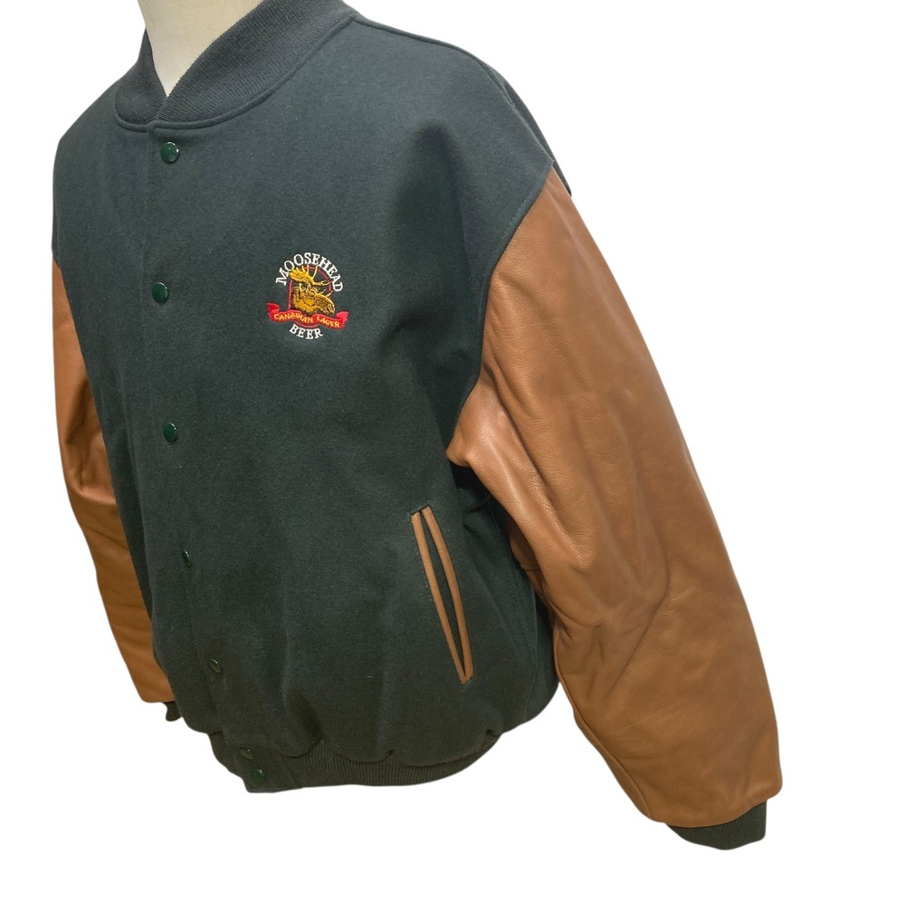 Moosehead Canadian Lager Beer Varsity Jacket XXL Green Wool Brown Leather USA - Picture 7 of 15